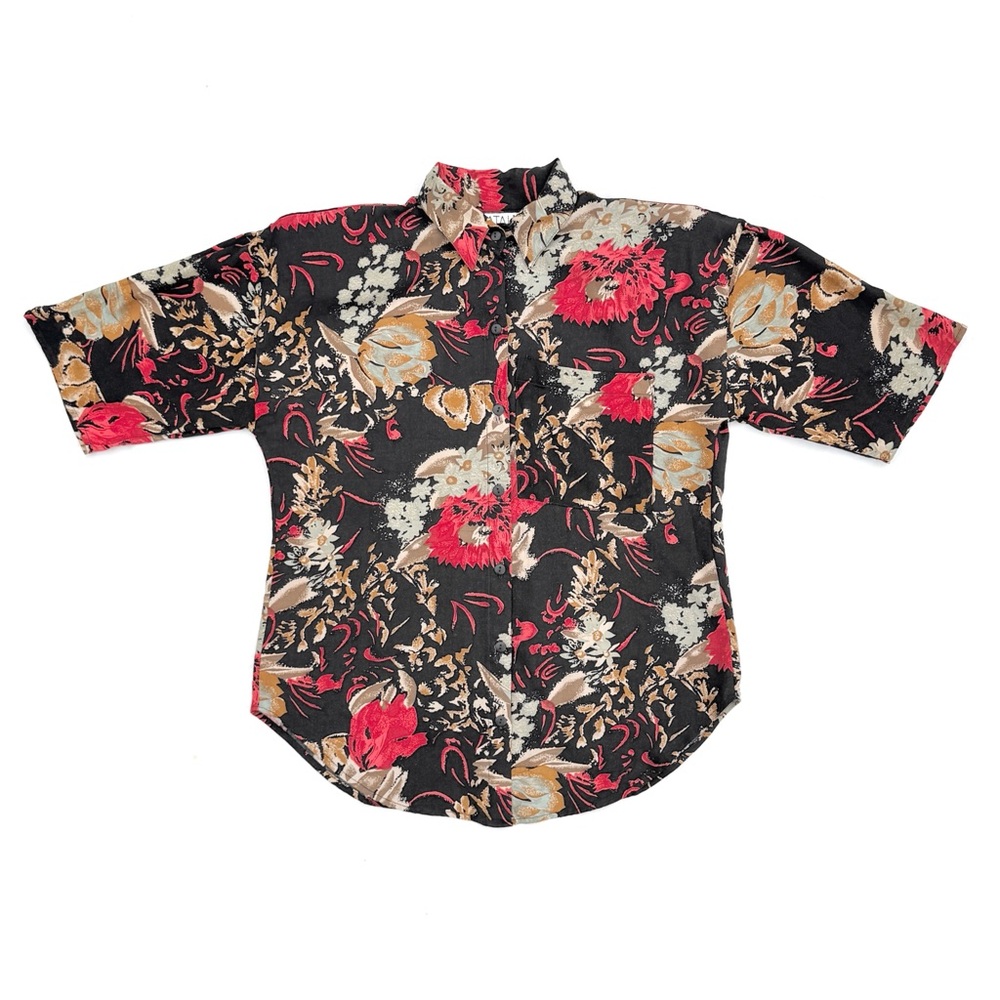 Vintage 90s Natalie Black Red Retro Floral Short Sleeve Button Front Shirt
